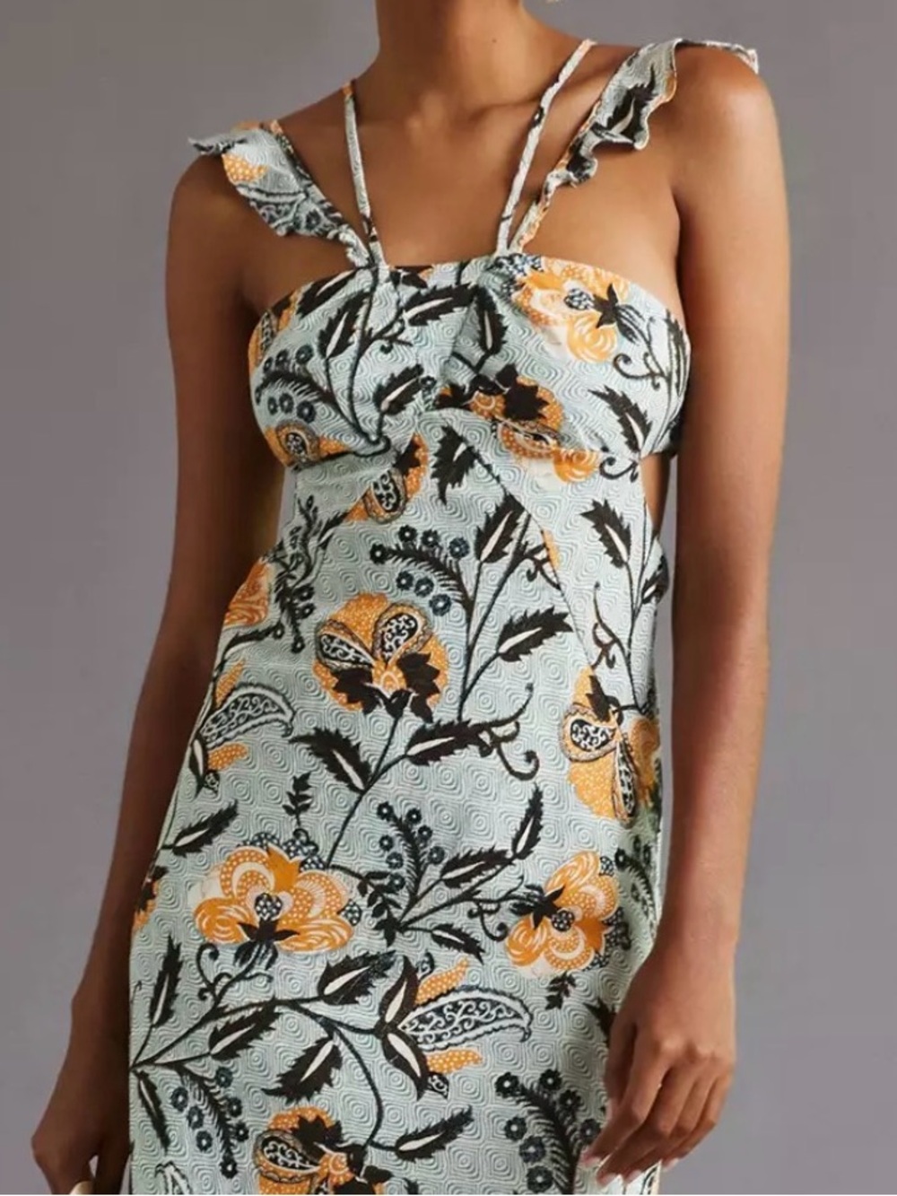 Anthropologie Floral Maxi Dress in Light Blue and Mustard
